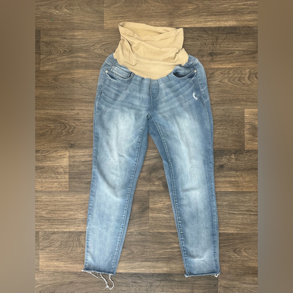Seven7 Light Blue Denim Maternity Jeans Size 12 Distressed Hem
